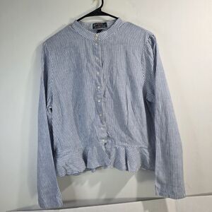 American Living Sz 16 Blue White Stripe Button Cottagecore Long Slve Ruffle Top